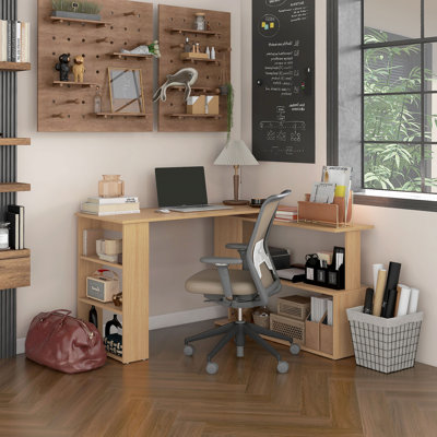 L Shaped Corner Desk, 360 Degree Rotating Home Office Desk With Storage Shelves