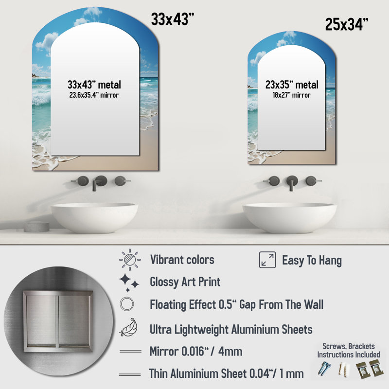 «Scenic Landscape Coastal Serenity VII - Ocean Arch Mirror», miroir mural asymétrique turquoise, reproduction d'art en métal