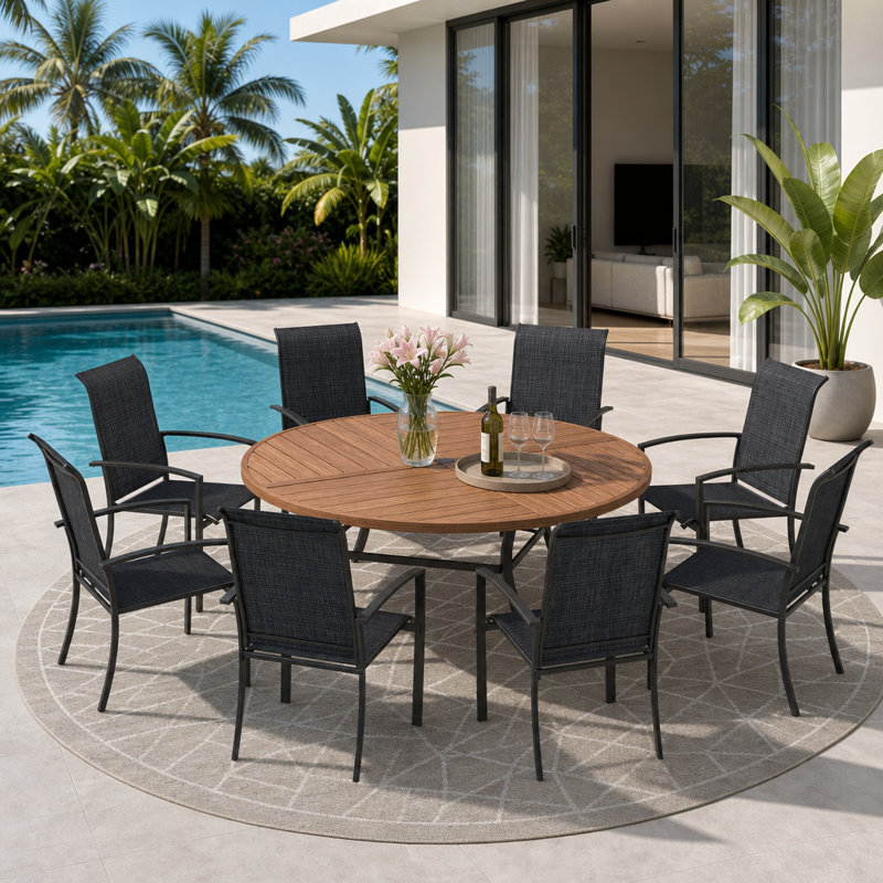 8-Person Round Patio Dining Set With Stackable Textilene Chairs, Brush Wood Brown/Black