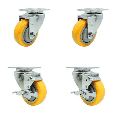 3.5 Inch Yellow Polyurethane Wheel Swivel Top Plate Caster Set with 2 Brakes SCC