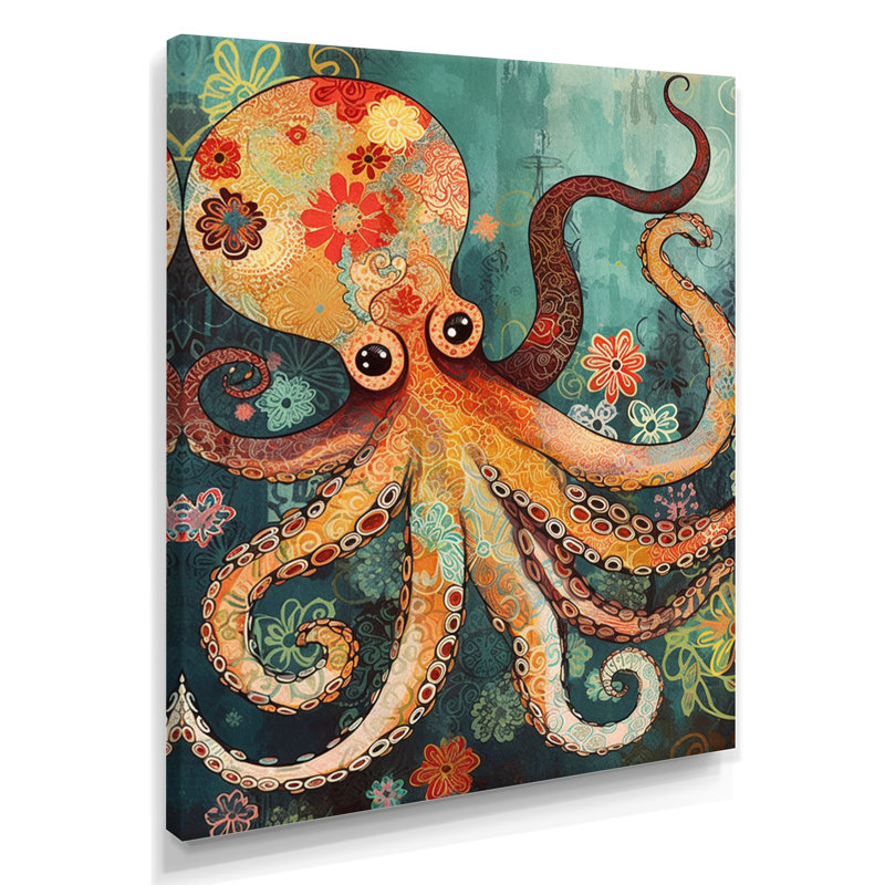 «Flowerful Octopus Deep Sea Boho Vintage», art mural poulpe / calmar, Toile tendue, H 44 po x l 34 po