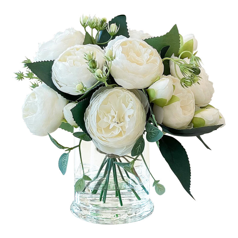 Silk Peonies In Glass Vase Arrangement, White