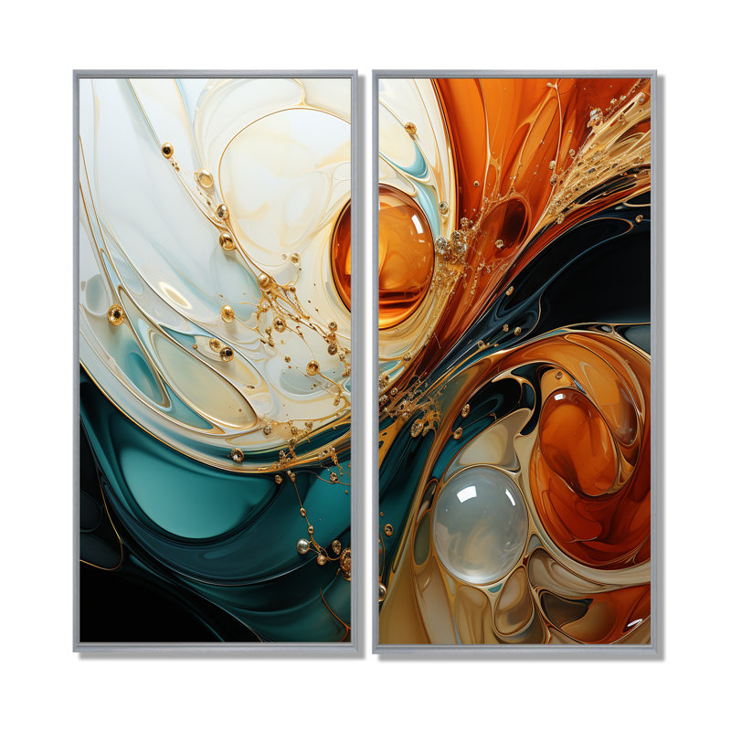 Orange et émeraude marbre marbre IV - art mural moderne orange, 32" H x 32" W, Impression encadrée flottante, Silver