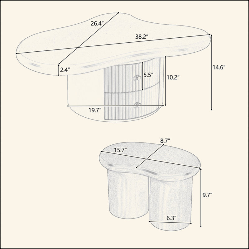 Ensemble de 3 tables basses Cloud, de forme irrégulière avec 2 tiroirs et 2 petits tabourets de salon