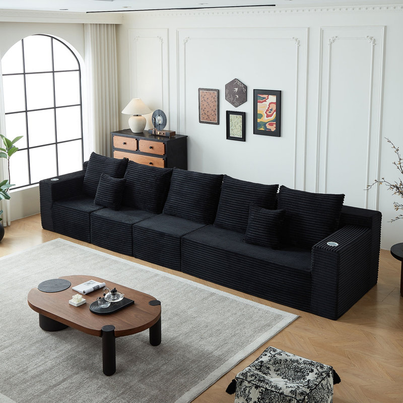 Deep Seat Corduroy Modular Cloud Couch With Cup Holders, No Assembly Required, Black