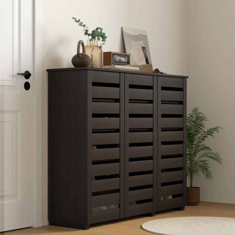 Narrow Shoe Cabinet for Entryway with 3 Slatted Doors, Dark Brown