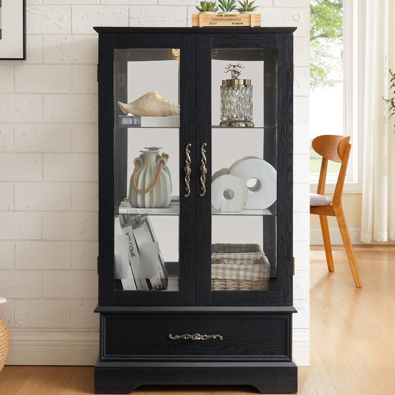 Adjustable Shelf Glass Cabinet With Built - In Led And Spacious Drawer, Black, For Collectibles Showcase At Home Vintage Curio 3 Shelves Tip Feature, Office Decor