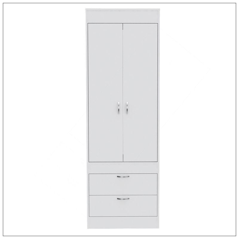 Armoire Lisboa, tringle, double porte, deux tiroirs, poignées en métal, Blanc