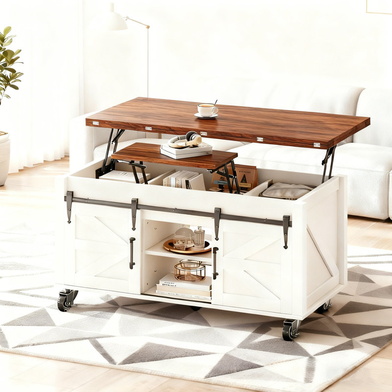 Table basse relevable pour salon, Brun rustique, Brown+Rustic Black