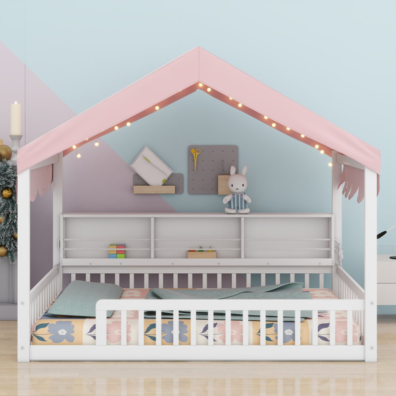 Floor House-Shaped Wooden Daybed With Fence, Shelves And LED Light, White/Pink