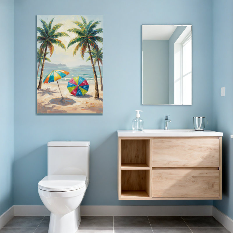 Plantes et fleurs, plage tropicale avec palmiers et parasols colorés, H 48 po x l 32 po