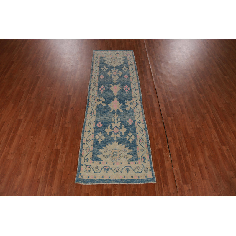 Vegetable Dye Blue Oushak Turkish Runner Rug 3x9