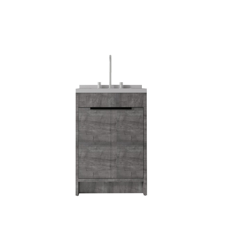 Meuble-lavabo autoportant de 24 po avec lavabo au fini gris, portes à fermeture en douceur, armoire de rangement en contreplaqué