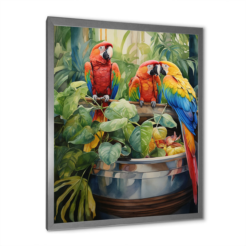 «Red Parrot Jungle Paradise I», art mural perroquet, Cadre simple argenté, H 32 po x l 16 po x P 1 po