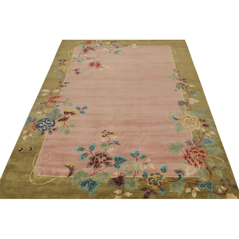 Art Deco Hand Knotted Wool Floral Area Rug, Rectangle 10' x 14'