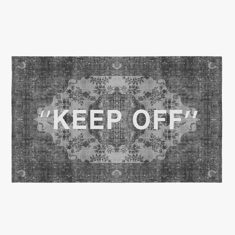 Tapis tissé noir et gris rétro «Keep Off», Rectangle 5 pi 1,02 po x 9 pi 10,11 po