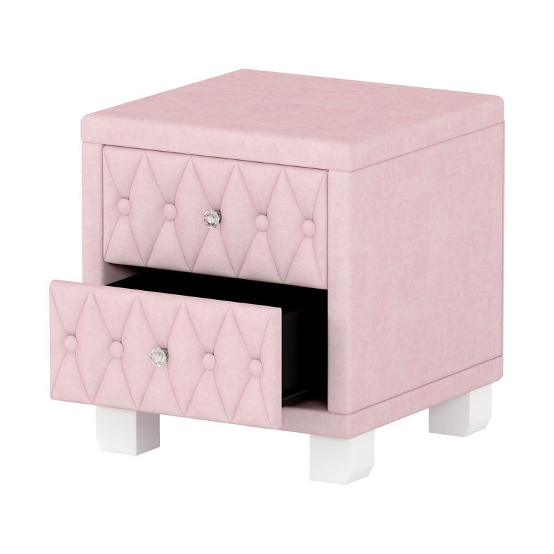 Elegant Pink Button - Nightstand With 2 Crystal Adorned Drawers, Bedroom Storage Option Velvet Bedside Table Handles, And Timeless Look