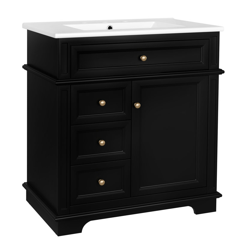 Meuble-lavabo noir de 30 po, lavabo en céramique, tiroir basculant, trois tiroirs, tablette de porte, configuration de rangement bien pensée, meuble-lavabo de 30 po avec finition, une et une tablette Essentials