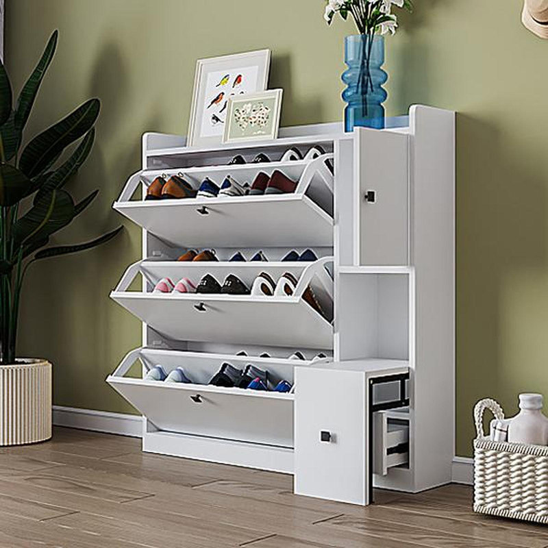 Armoire à chaussures polyvalente avec 3 tiroirs rabattables, rangement maximum pour le hall d'entrée avec tiroir, étagère à chaussures autoportante avec siège rétractable pour le couloir, blanc