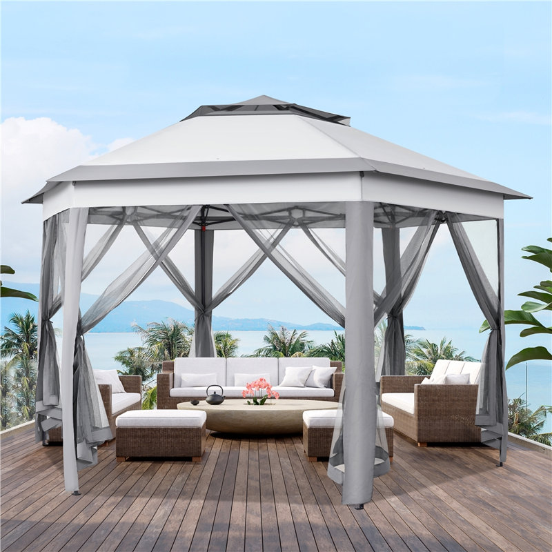 13 Ft. W x 11 Ft. D Weather-resistent Iron Patio Gazebo with sidewalls, Stainless Steel, Gray