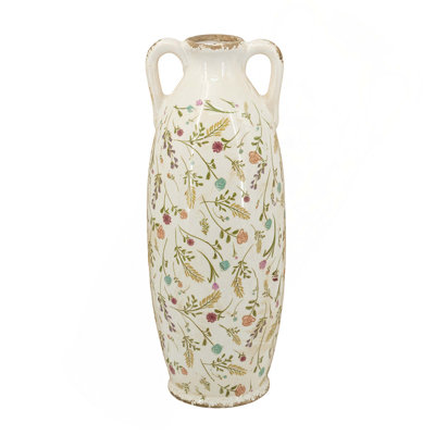6X6x15.5" Decorative Ceramic Amphora Vase With Multi-Colored Floral Motifs