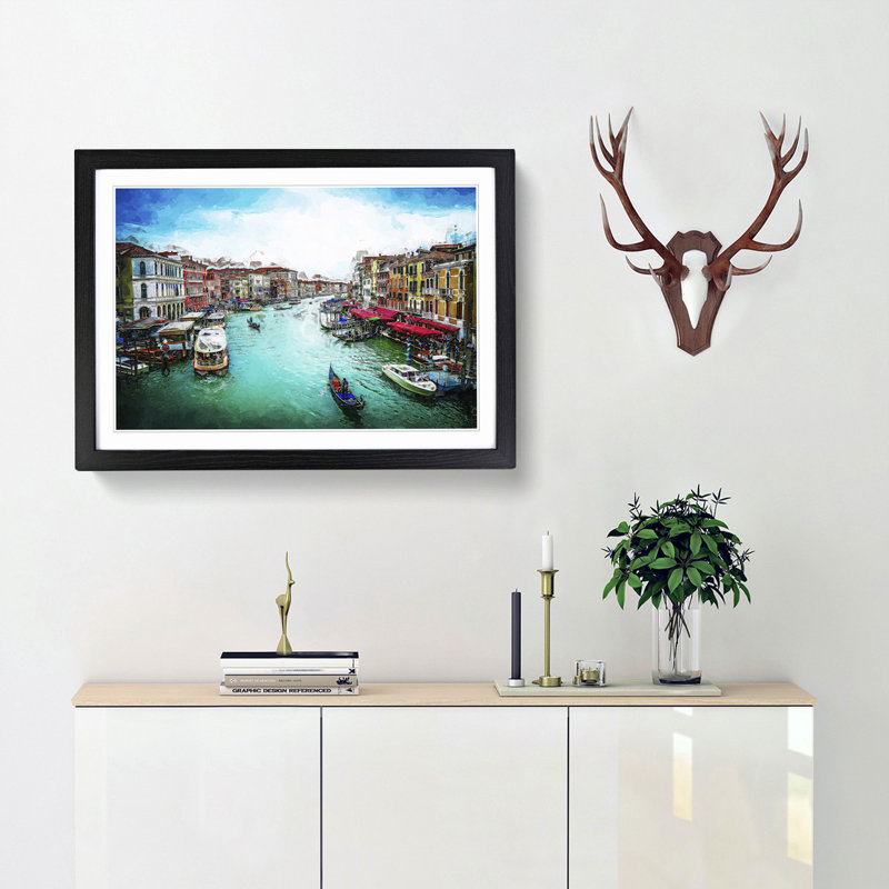 Gondolas in Venice Italy in Abstract - Picture Frame Graphic Art Print, 62cm H x 87cm W x 2cm D, Black Framed
