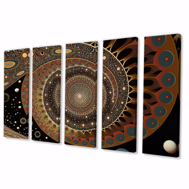 Rétro spirale fractale rétro en terre cuite V - reproduction d'art abstrait sur toile - 5 panneaux égaux