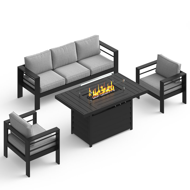 4 Piece Sofa Seating Group With Cushions And 55' Fire Pit Table, Gray