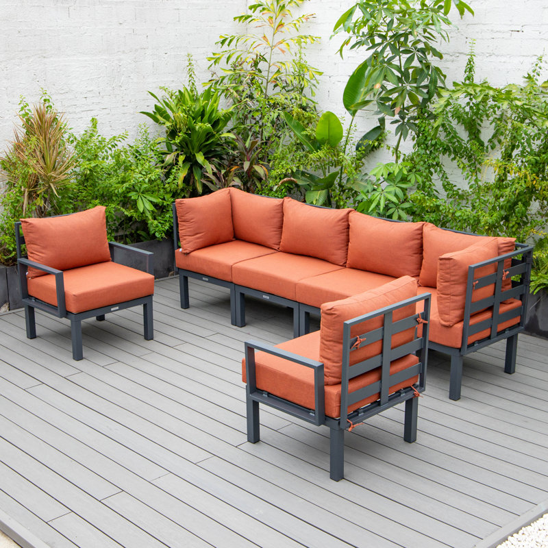 Ensemble modulaire d'extérieur 6 pièces Chelsea - Ensemble de conversation en U thermolaqué en aluminium avec coussins amovibles