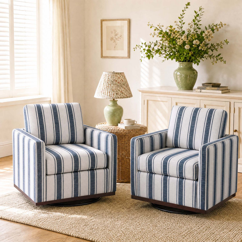 Fauteuil rembourré pivotant, Mélange de coton rayé bleu foncé