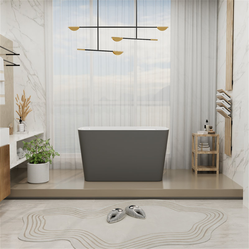 46.85" x 27.3" Freestanding Small Acrylic Bathtub, Integrated Seat & Non-Slip Surface, Chrome Drain for Safe Soaking in Compact Bathrooms