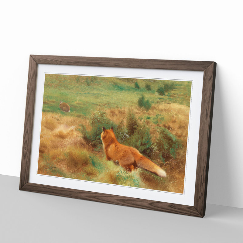 Fox Stalking a Brown Hare by Bruno Liljefors - Picture Frame Painting, Walnut Framed, 36cm H x 48cm W x 2cm D
