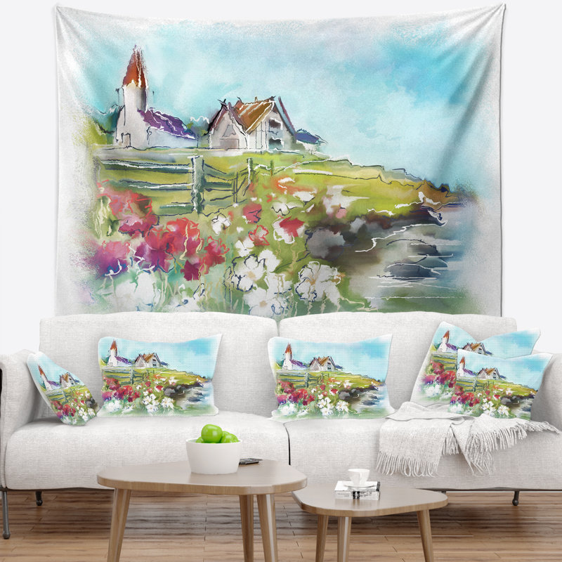 Tapisserie de paysage dans un pré vert, H 50 po x l 60 po