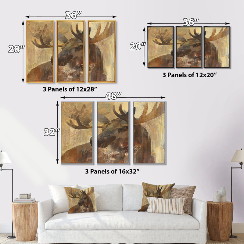 Into The Wild Gold Moose - Ensemble de 3 toiles d'art encadrées, H 32 po x l 48 po, Cadre noir