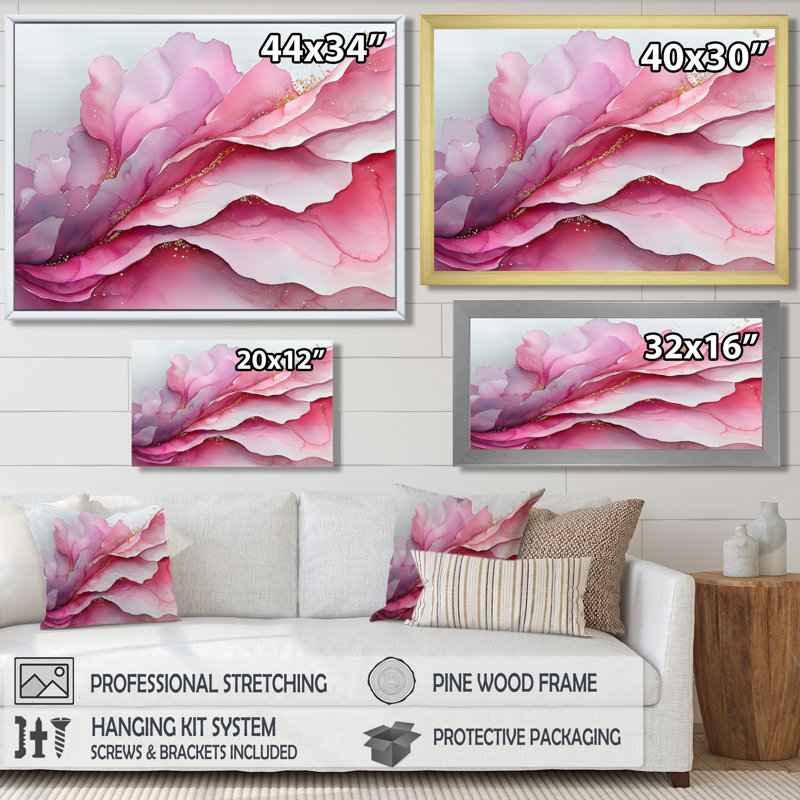 Fondations fluides de Rosa I - art mural abstrait en marbre, H 30 po x l 40 po, Impression encadrée flottante, Doré