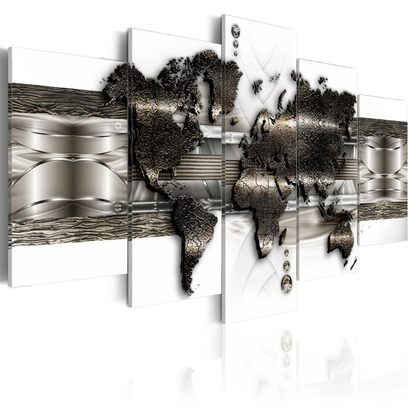 World Map II - 5 Piece No Frame Print on Canvas, 100 cm x 50 cm