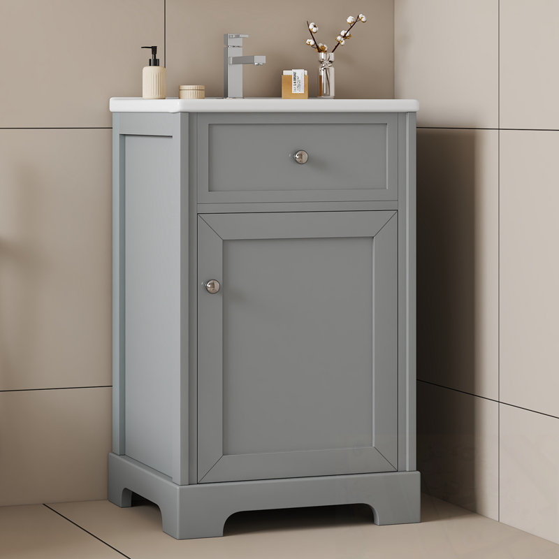 Meuble-lavabo de salle de bain avec lavabo, porte à fermeture douce, support de rangement et tablette réglable, Gris