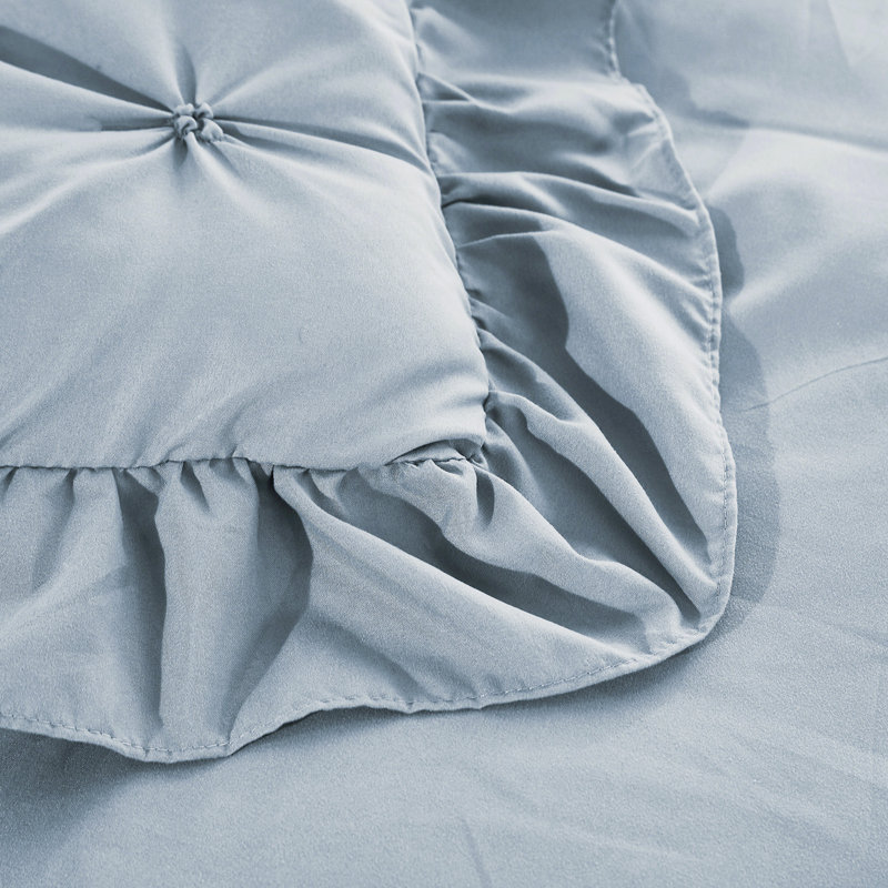 Ensemble d'édredon 5 pièces princesse romantique Pintuck, Édredon pour lit très grand + quatre taies déco, Bleu brouillard