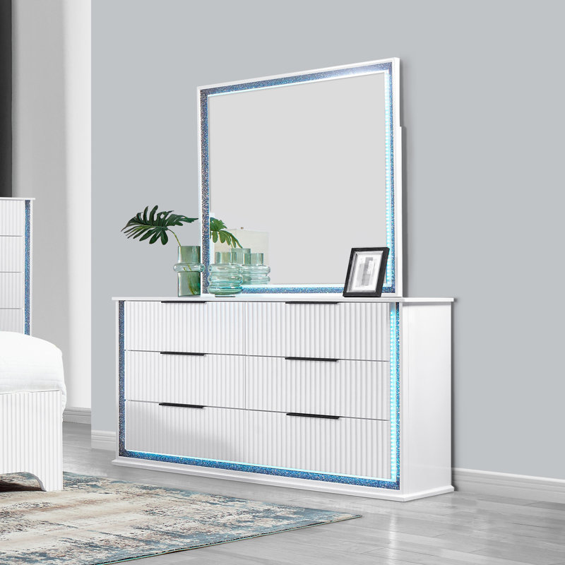 Commode 6 tiroirs avec miroir Pallas, éclairage DEL, Blanc