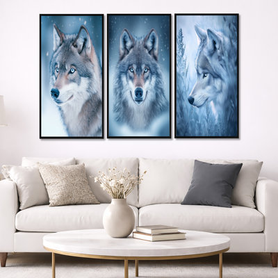 Photographie de loup en hiver - loup gris, décoration murale 3 pièces