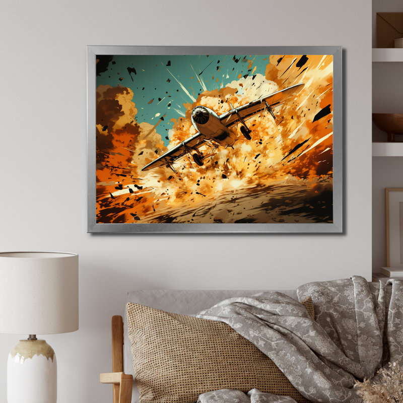 Avion qui décolle en pleine action sur toile, H 16 po x l 32 po x P 1 po, Cadre simple argenté