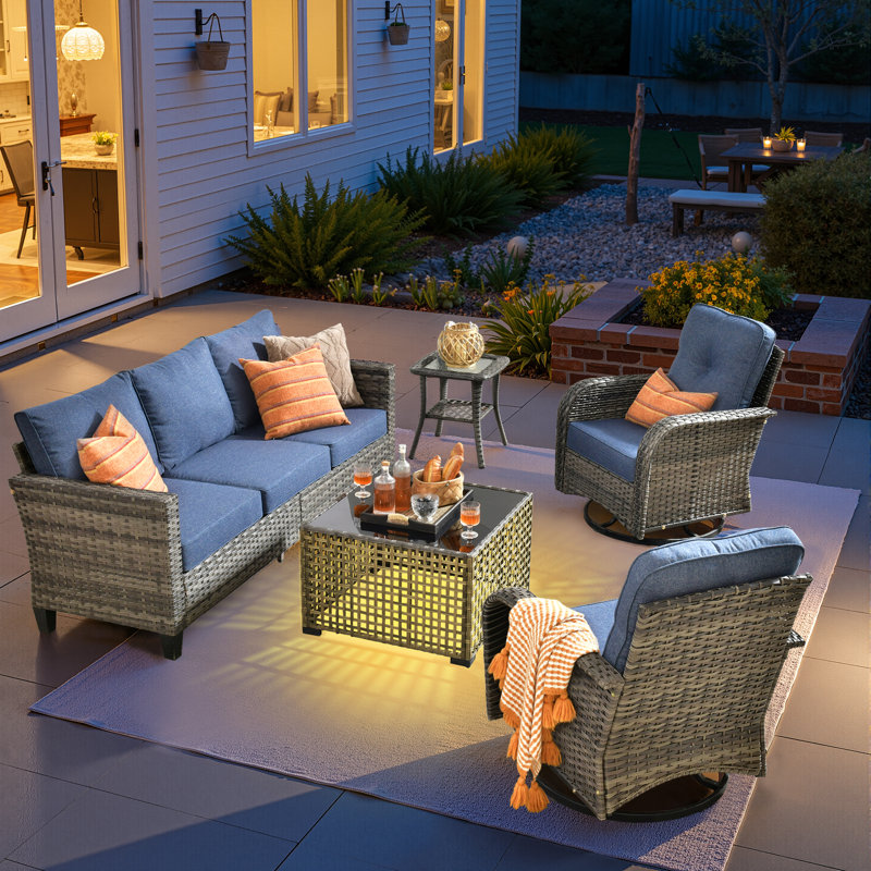 5 Piece Outdoor Wicker Swivel Rocking Chairs With Solar Powered Coffee Table, All Weather High Back Sofa Set, Patio Furniture Set With Cushions