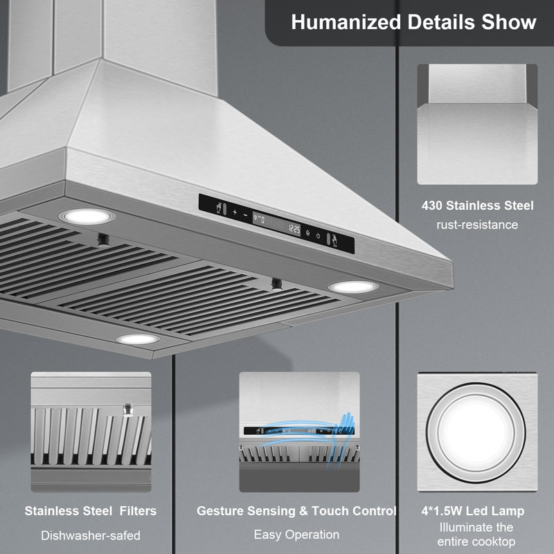 Hotte de cuisine à fixation au plafond pour îlot de cuisine de 700 pi³ / min avec commande par geste / tactile, ventilateur à 3 vitesses et 4 lumières DEL, sans conduit / conduit convertible, filtres à chicane en acier inoxydable, réglage de l'heur