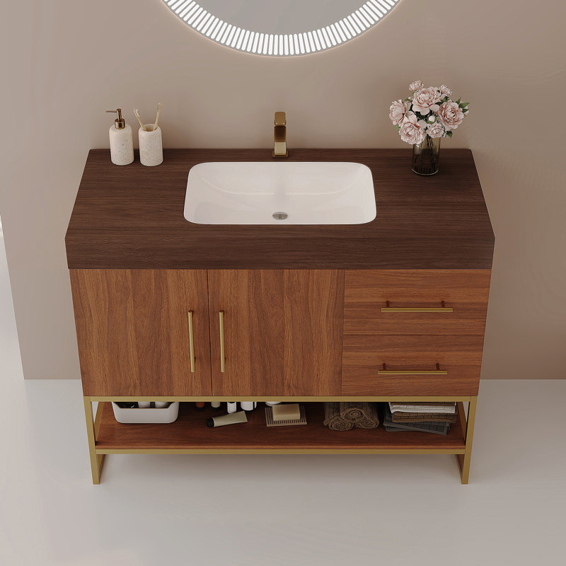 Meuble-lavabo de salle de bain avec lavabo, armoire autoportante avec tablette de rangement et tiroir, Noyer