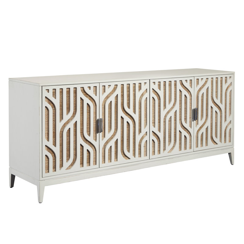 White Painted Solid Wood 4-Door Credenza with Cane Panels
