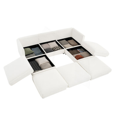 Élégant canapé en chenille blanche avec siège de rangement et repose-pieds, dossier cylindrique en forme de U à 3 places et accoudoirs, canapé contemporain en tissu à 3 places avec compartiment de rangement caché