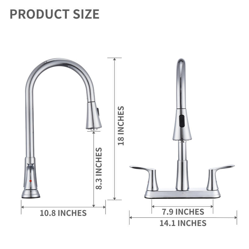 2 Handle Kitchen Faucet For 3-Hole Sink, 360° Rotating Nozzle, Chrome