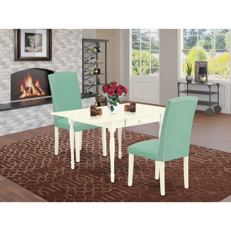 3 Piece Dining Set Contains a Rectangle Dining Room Table with Dropleaf and 2 Pond Faux Leather Upholstered Parson Chairs, Linen White