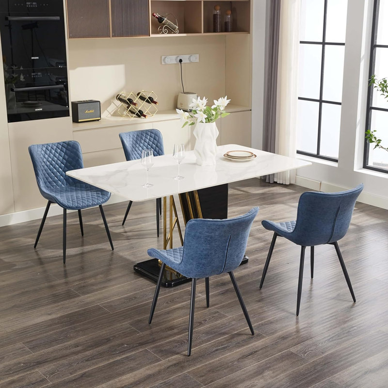 Set of 2 Dining Chairs, Faux Leather Upholstered Seat, Metal Legs for Dining Room, Blue, 87cm H x 53cm W x 61cm D