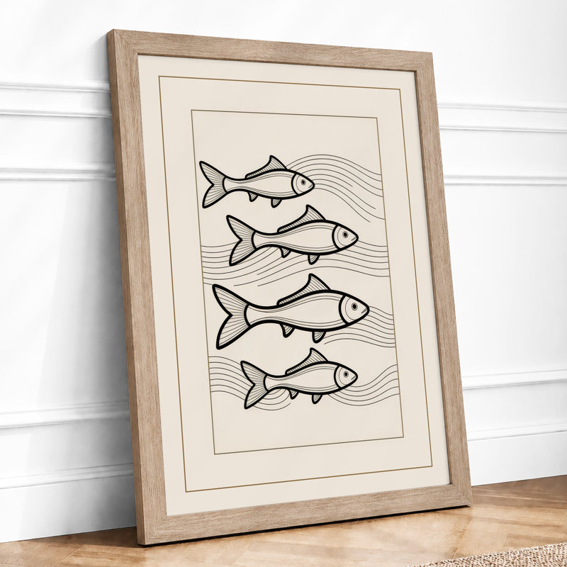 Four Fish Study Japandi - Framed Print, A2 - 59.4 x 42.0 cm, Oak